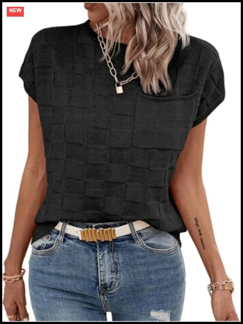 Women's Cap Sleeve Checkered Knit Sweater Vest Crewneck Loose Fit Pullover